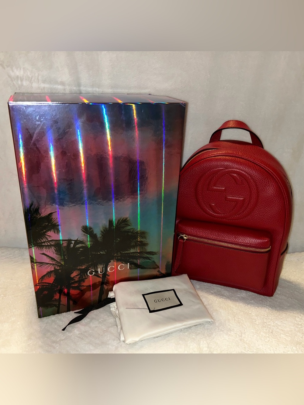 GUCCI GG SOHO RED PEBBLED CALFSKIN LEATHER CHAIN BACKPACK BAG GG